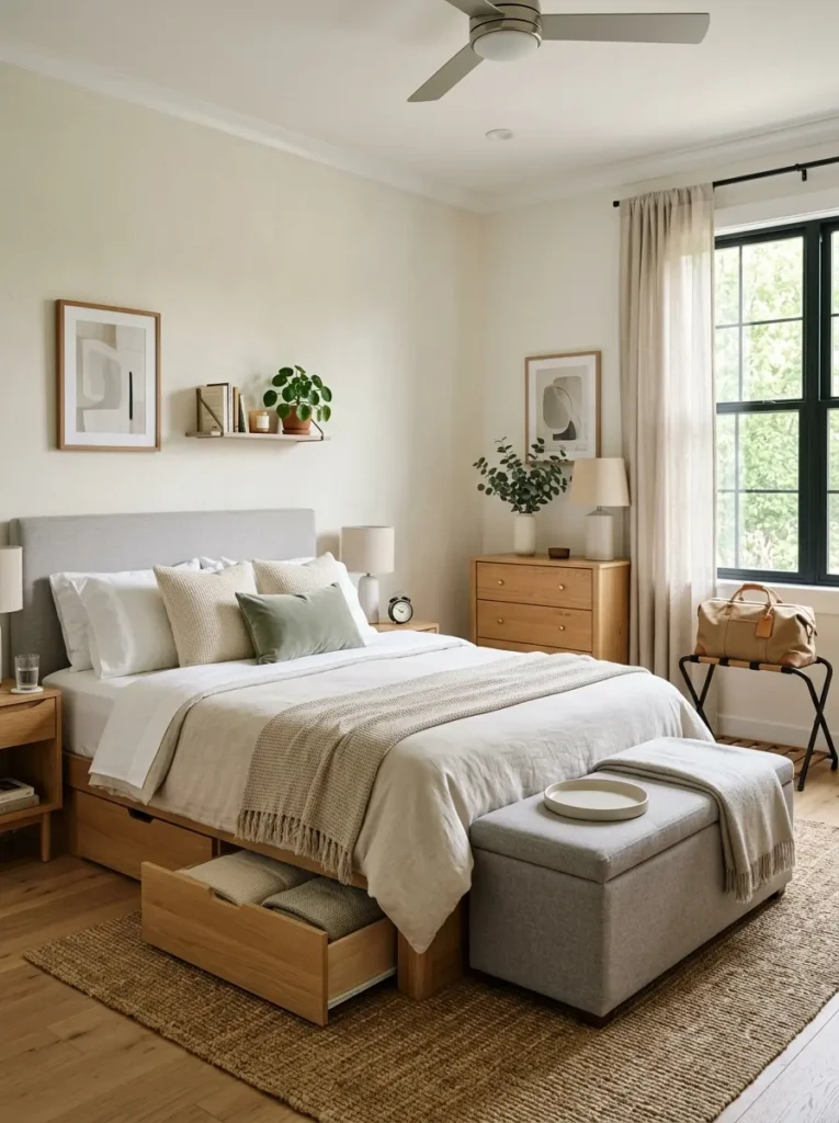 Modern guest bedroom with under-bed storage drawers, storage bench, and organized luggage rack.