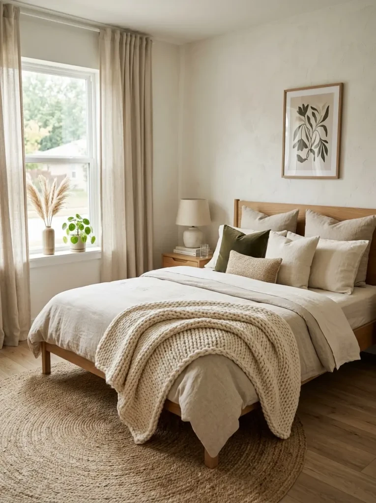 Modern guest bedroom with linen curtains, woven rug, velvet pillows, and chunky knit throw blanket.