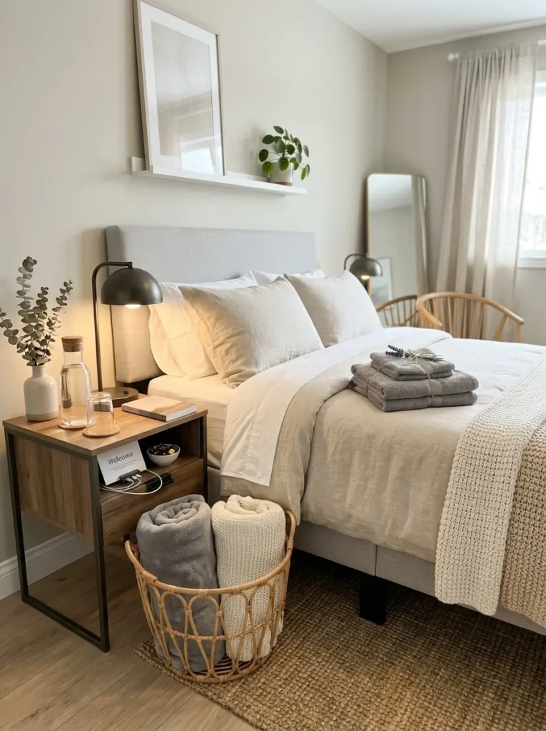 Modern guest bedroom with indoor greenery, neutral bedding, warm wood accents, and fresh natural light.