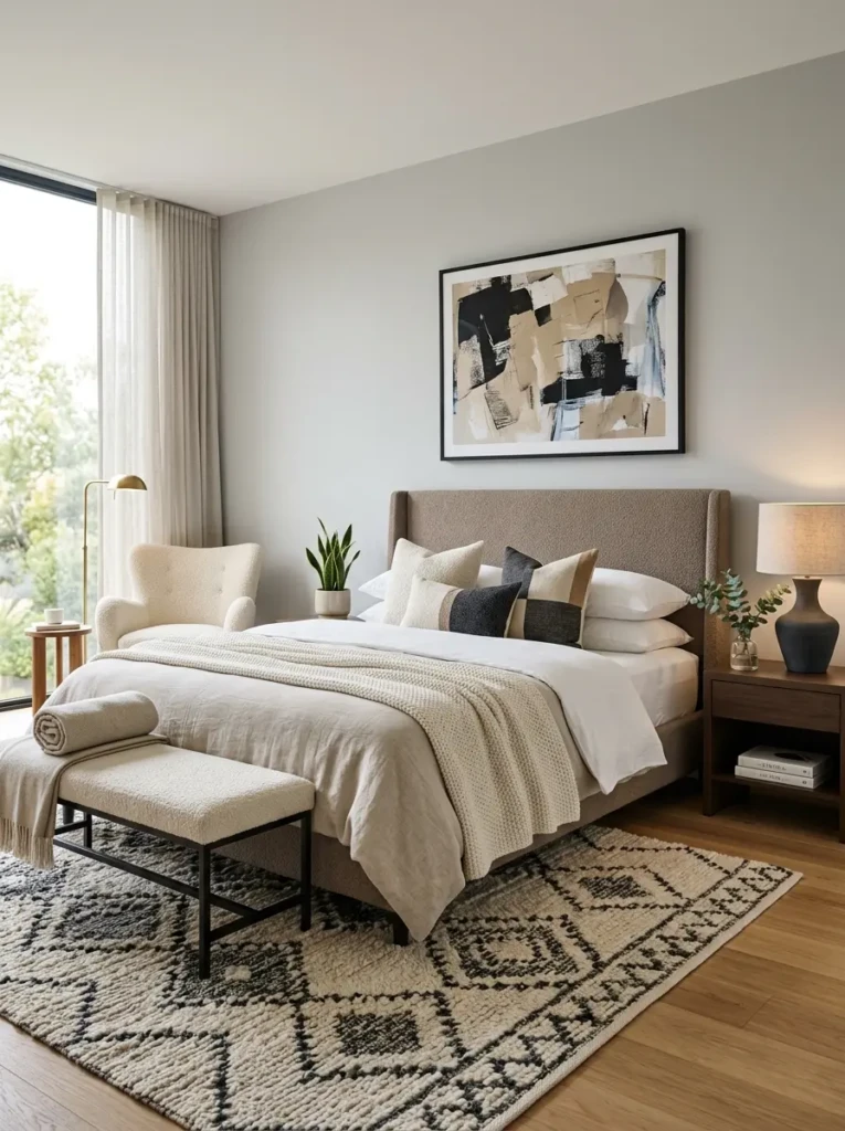 Modern guest bedroom with floor-length linen curtains, blackout drapes, and soft relaxing neutral decor.