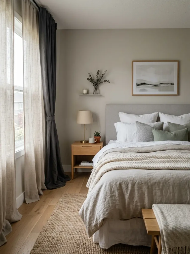 Modern guest bedroom with towels, water carafe, charging station, extra blankets, and welcoming bedside essentials.