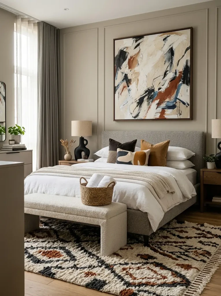 Modern guest bedroom featuring bold textured rug, sculptural lamp, and oversized statement artwork.