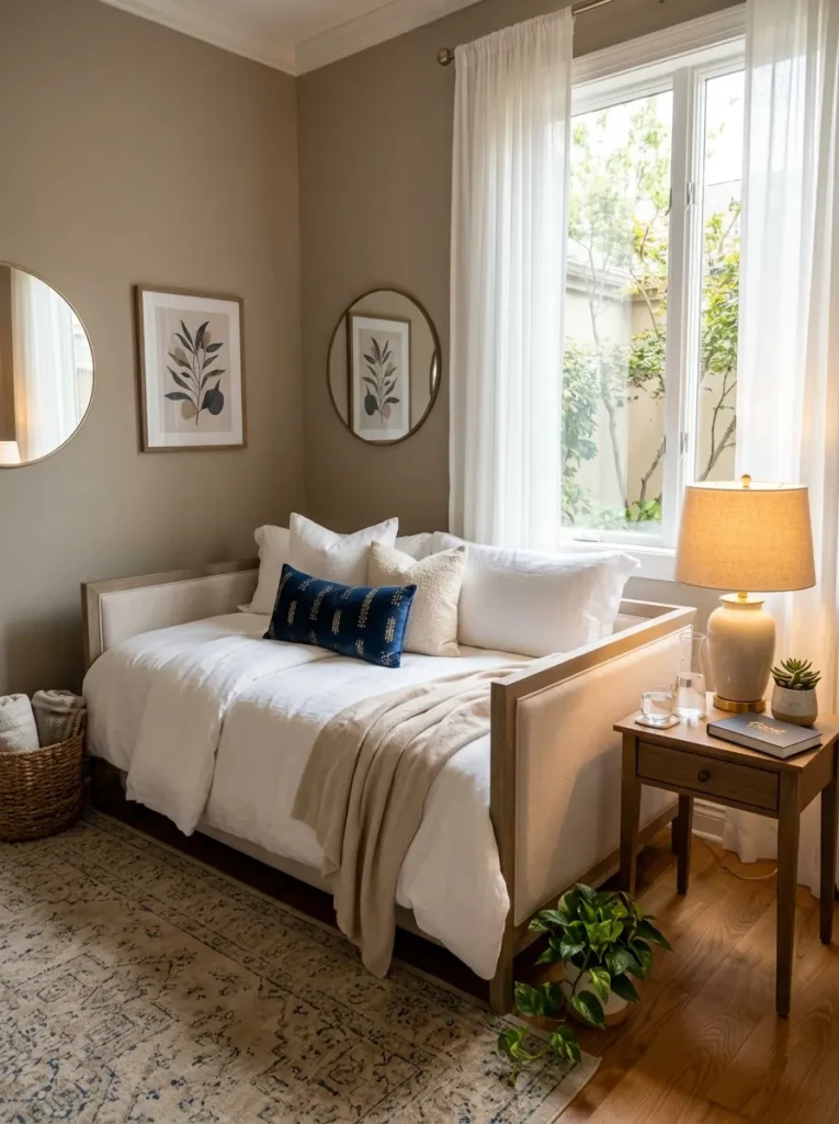 Elegant guest room featuring a neatly styled daybed with soft bedding and welcoming decor