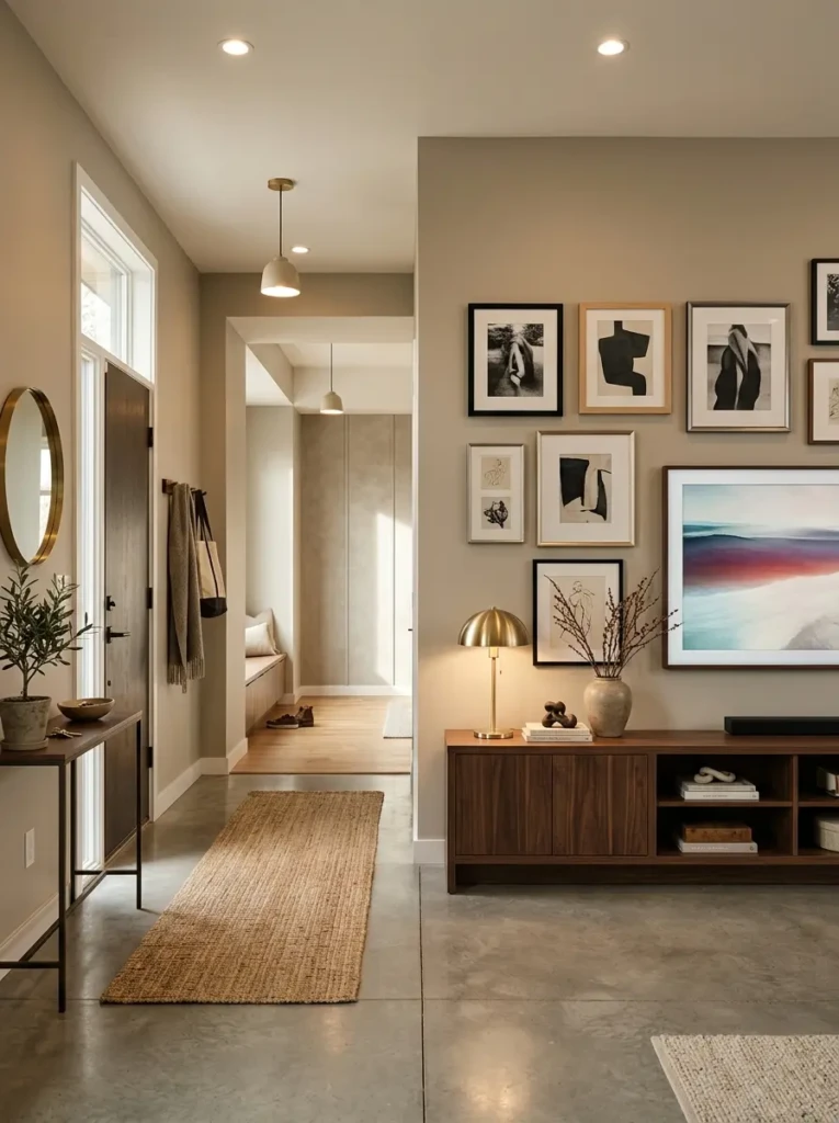 Stylish hallway featuring a media wall combined with framed gallery artwork in an entryway