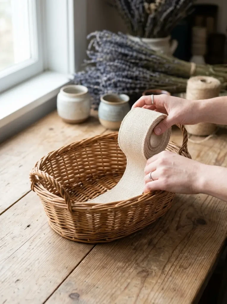 Hands arranging items into a gift basket on a craft table with decorative materials