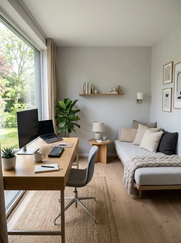 Modern home office with a sleek desk and a comfortable daybed for relaxing or guest use