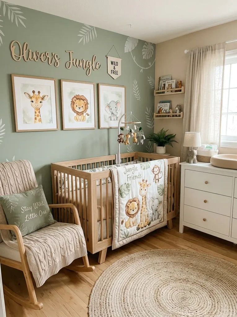 A nursery with animal-themed wall decor featuring cute jungle animals and coordinated room elements