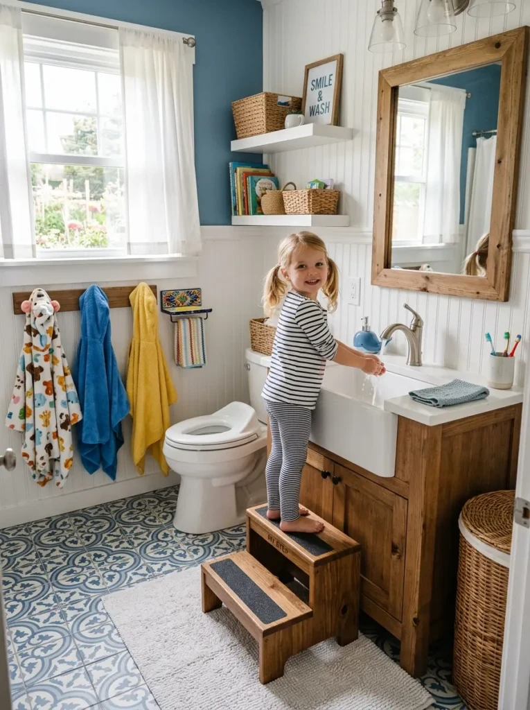 kids bathroom with step stool low hooks and easy to use farmhouse style fixtures