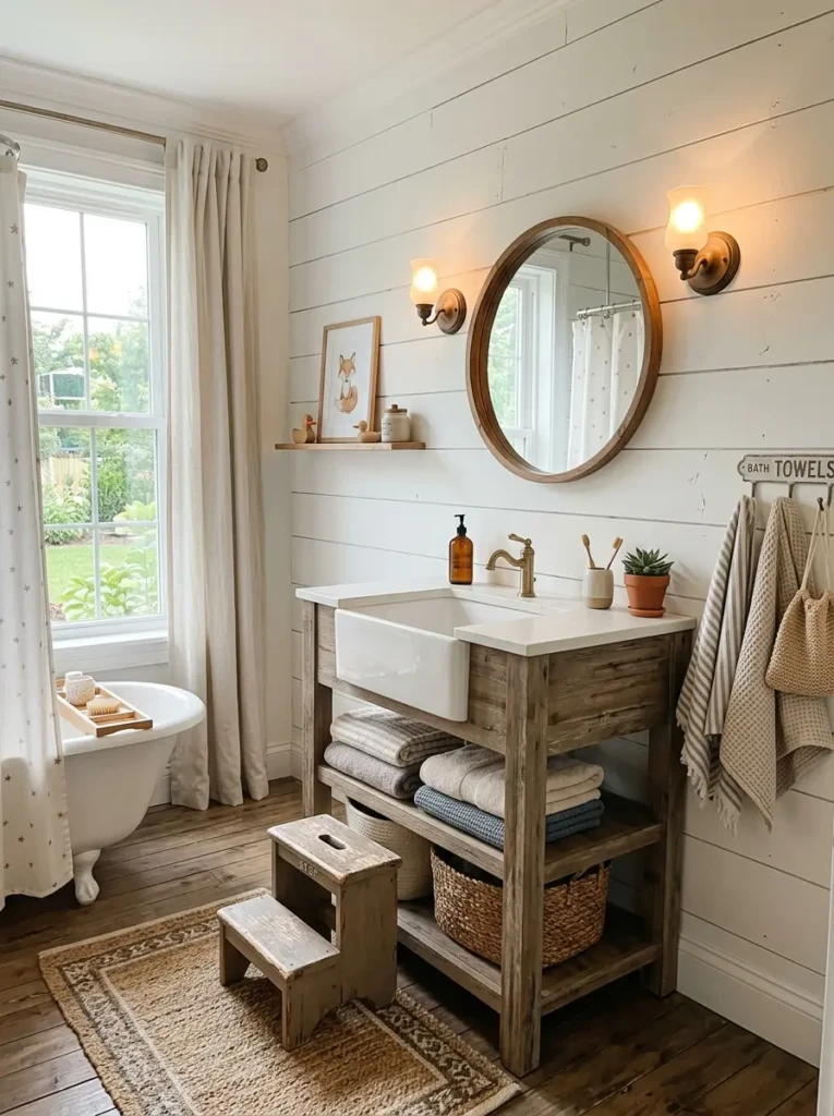 cozy kids farmhouse bathroom with shiplap walls, wooden vanity and warm neutral decor