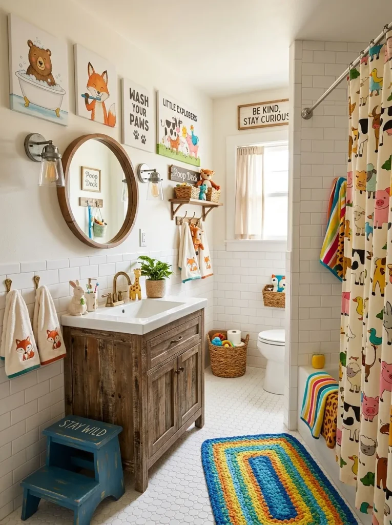 farmhouse bathroom decor with playful wall art colorful accessories and rustic elements