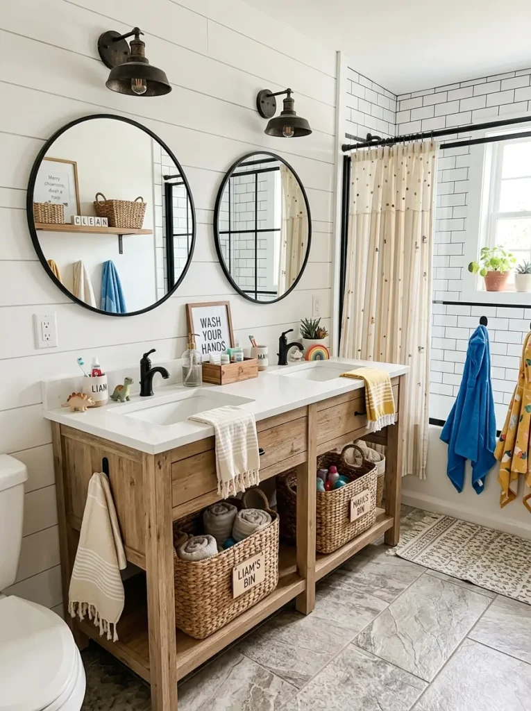 shared kids farmhouse bathroom with double sinks and organized storage baskets