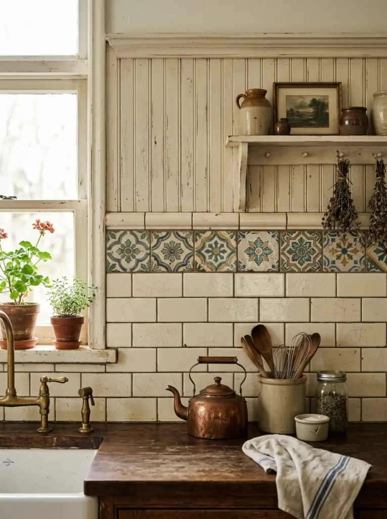 A kitchen backsplash with subway tiles and patterned ceramics creating a classic look.