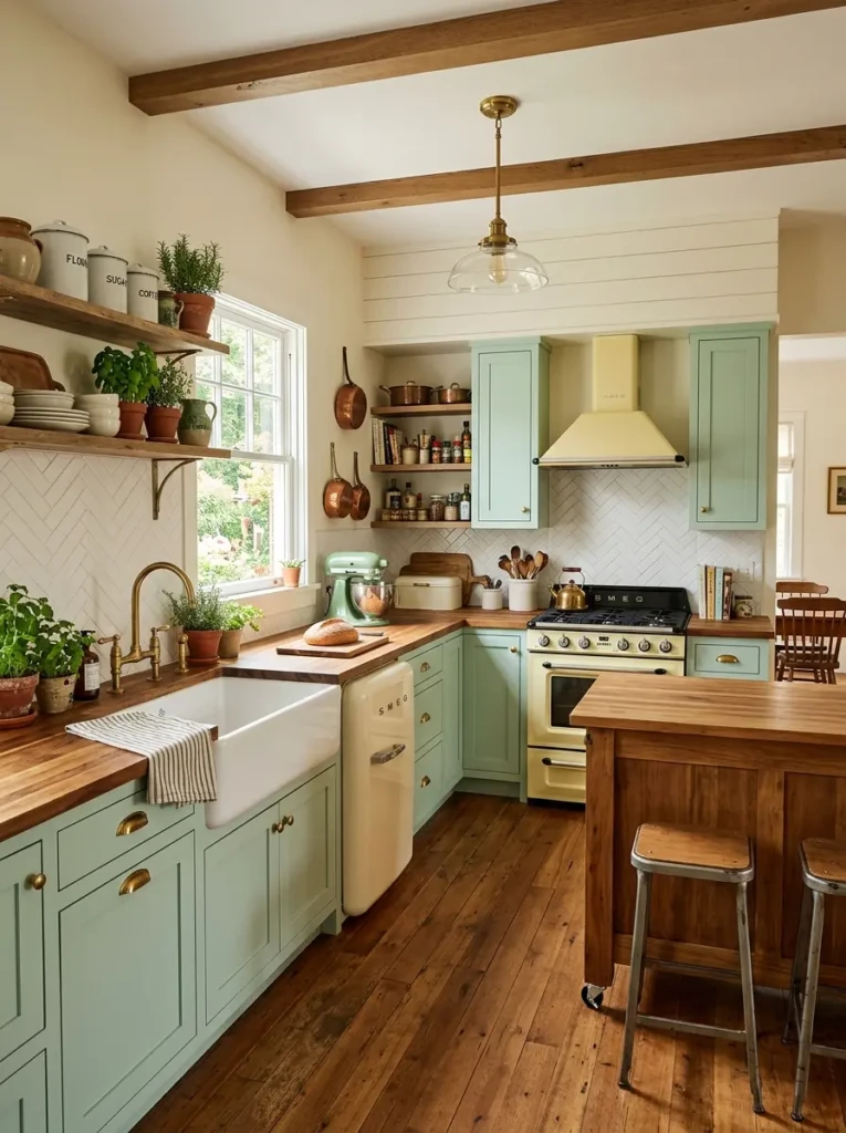 An L shape kitchen design with vintage cabinets, farmhouse sink, and retro appliances.