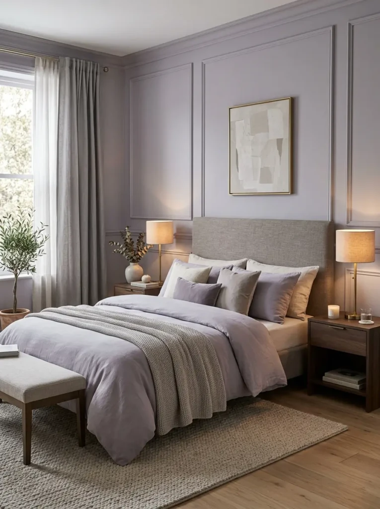 Sophisticated lavender gray bedroom with elegant lamps, soft bedding, wall molding, and peaceful modern decor.