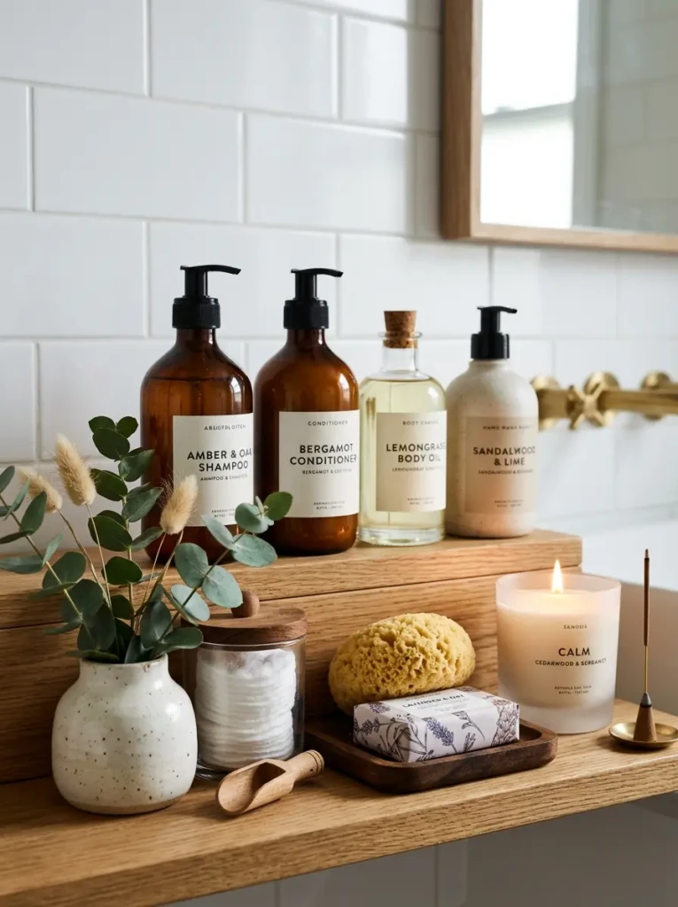 Close-up of bathroom shelf with layered decor, taller items at the back and smaller ones in front