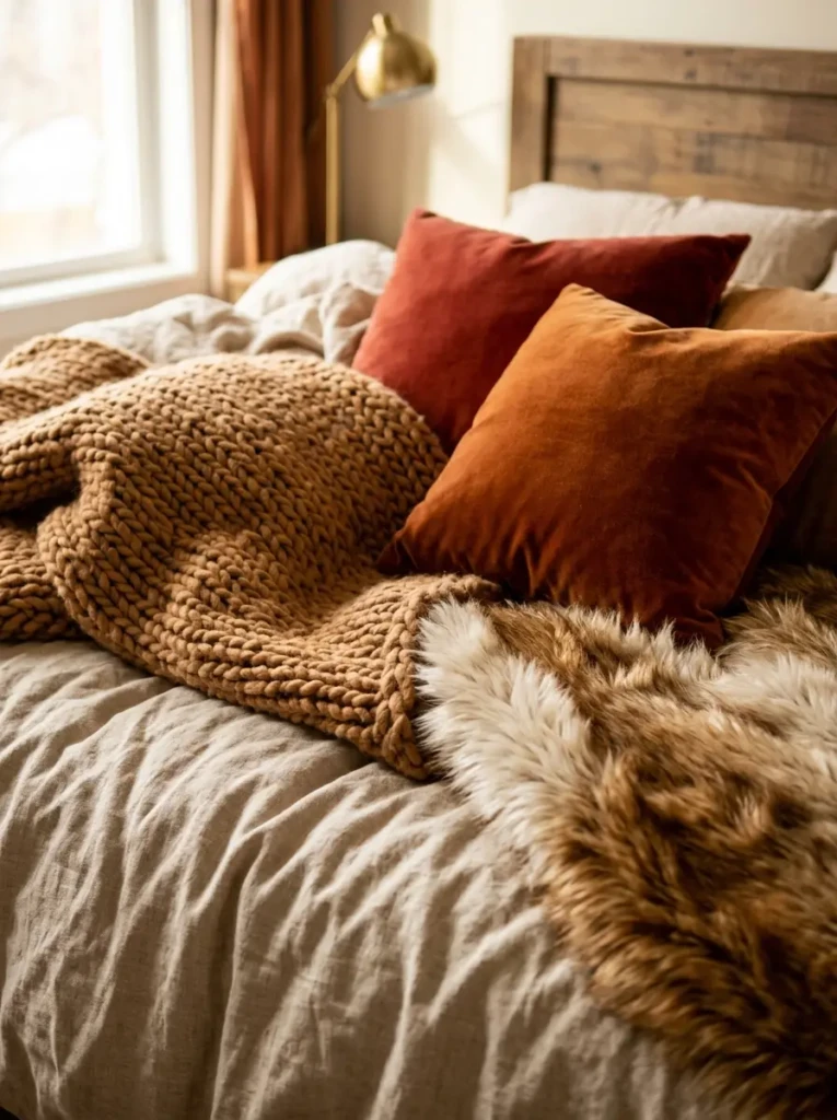 A cozy warm bedroom with soft lighting, layered bedding, and neutral tones creating a relaxing and inviting space