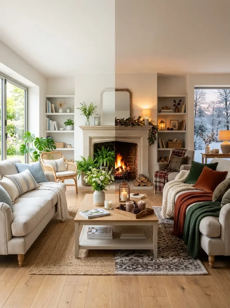A living room styled with seasonal decor elements reflecting different times of the year.