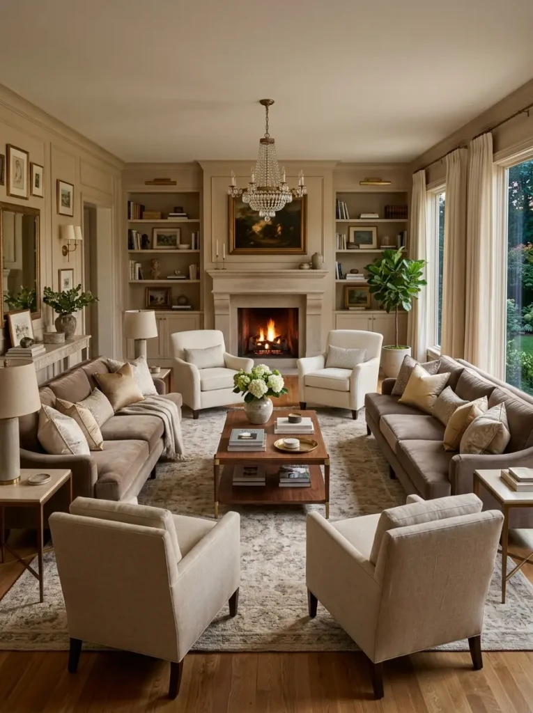 Perfectly styled formal living room with elegant furniture, chandelier, and neutral tones.