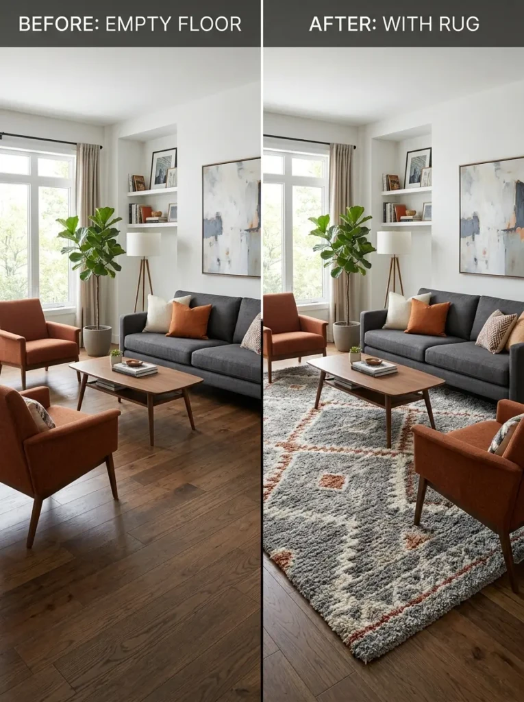 Comparison of living room with and without a rug showing improved cohesion and design balance