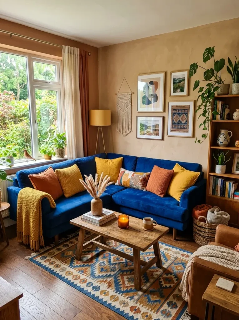 Cozy living room with a blue sofa and mustard yellow and orange accent cushions