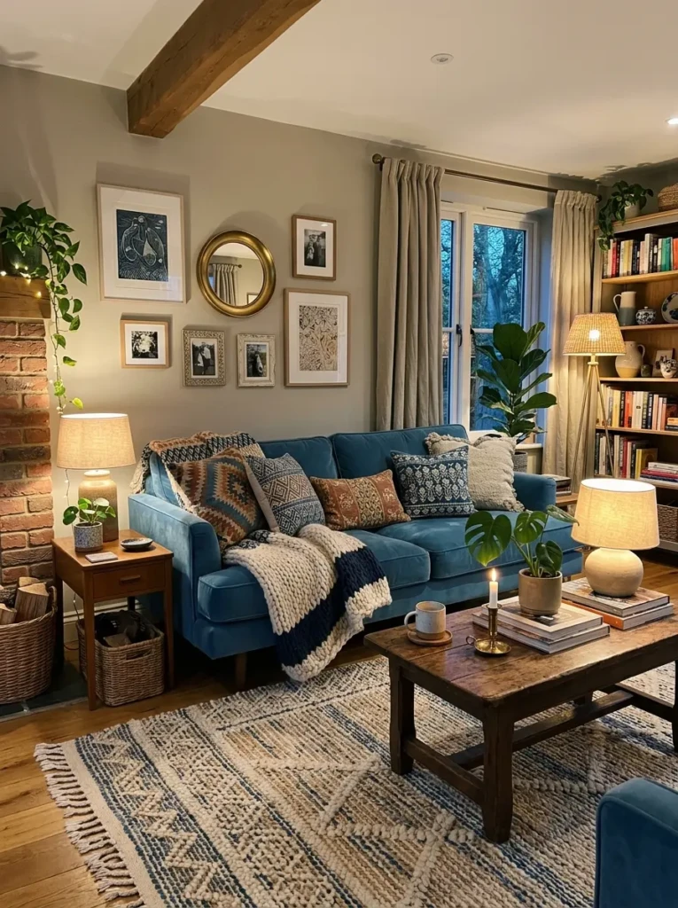 Living room with a blue sofa styled with patterned cushions and textured throws