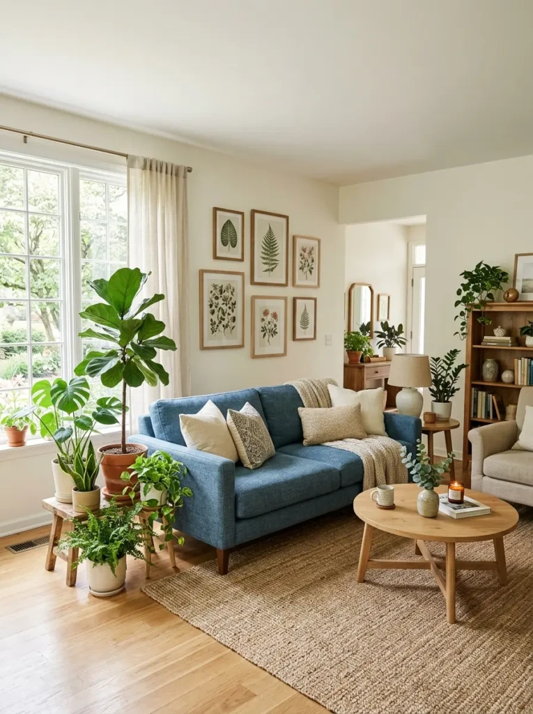 Fresh living room with a blue sofa, indoor plants, and green decorative elements