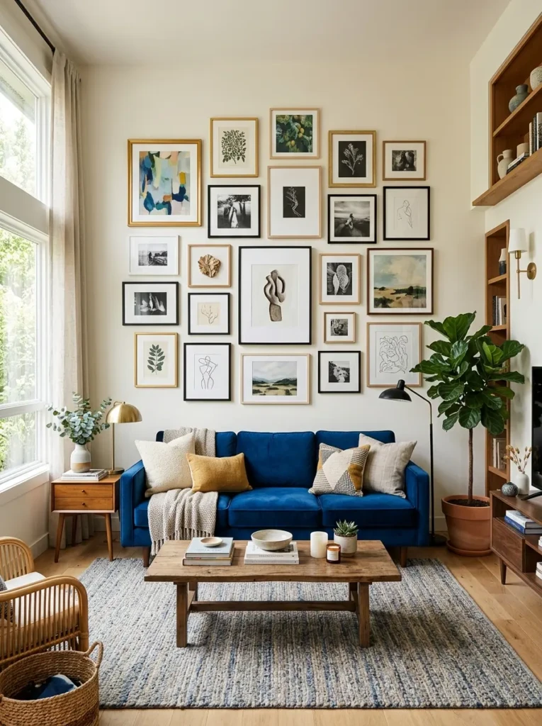 Living room with a blue sofa and a stylish gallery wall with framed artwork