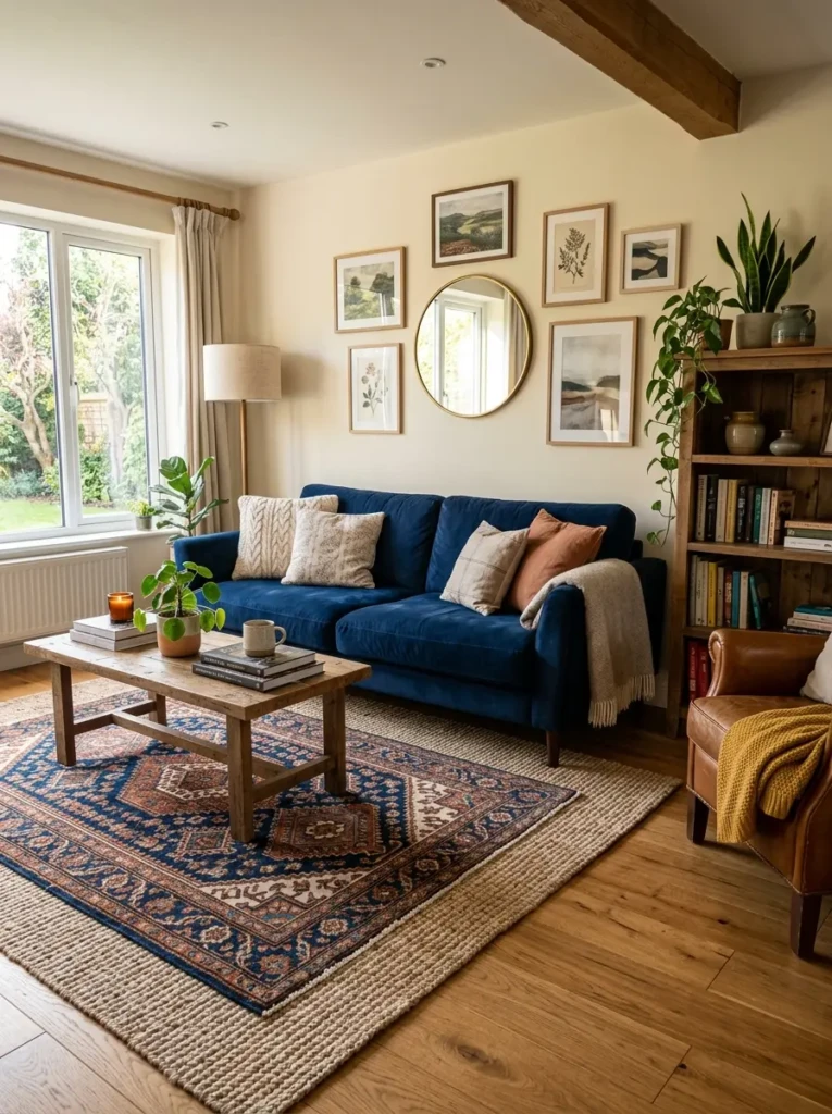 Cozy living room with a blue sofa and layered rugs adding texture and depth