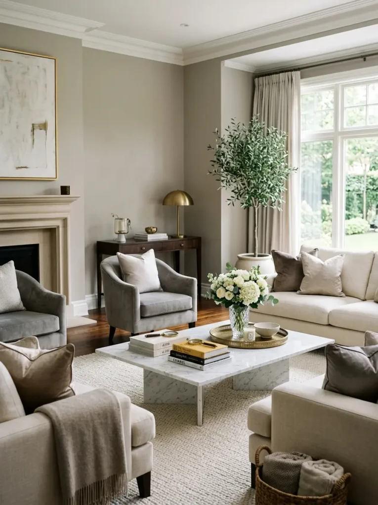 Formal living room featuring a marble coffee table styled with books and flowers.