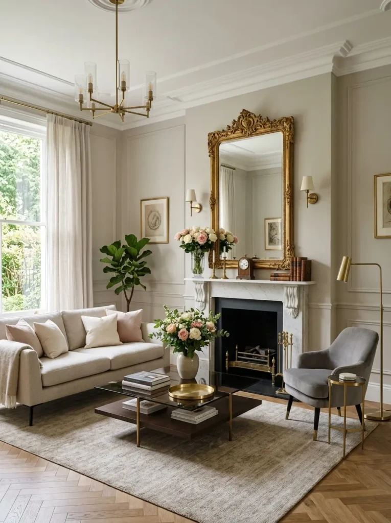 Living room blending sleek furniture and classic decor with roses tying the design together