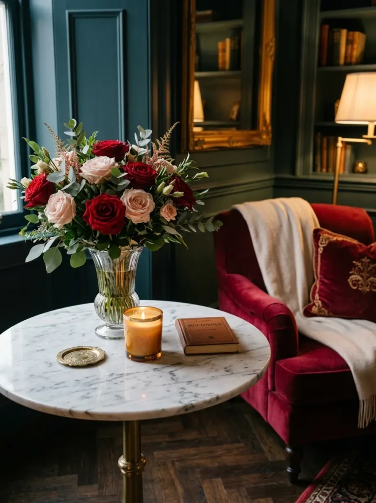 Sophisticated living room corner with velvet chair and marble table displaying a bouquet of red and blush roses