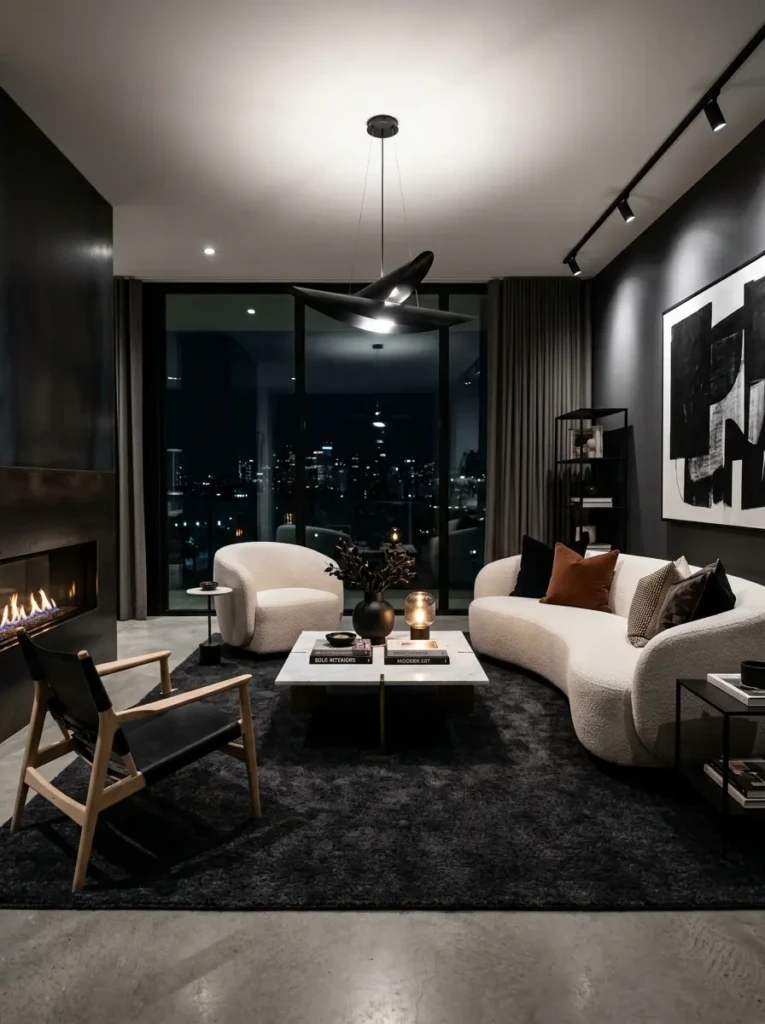 Living room with dark rug and light furniture creating a striking visual contrast