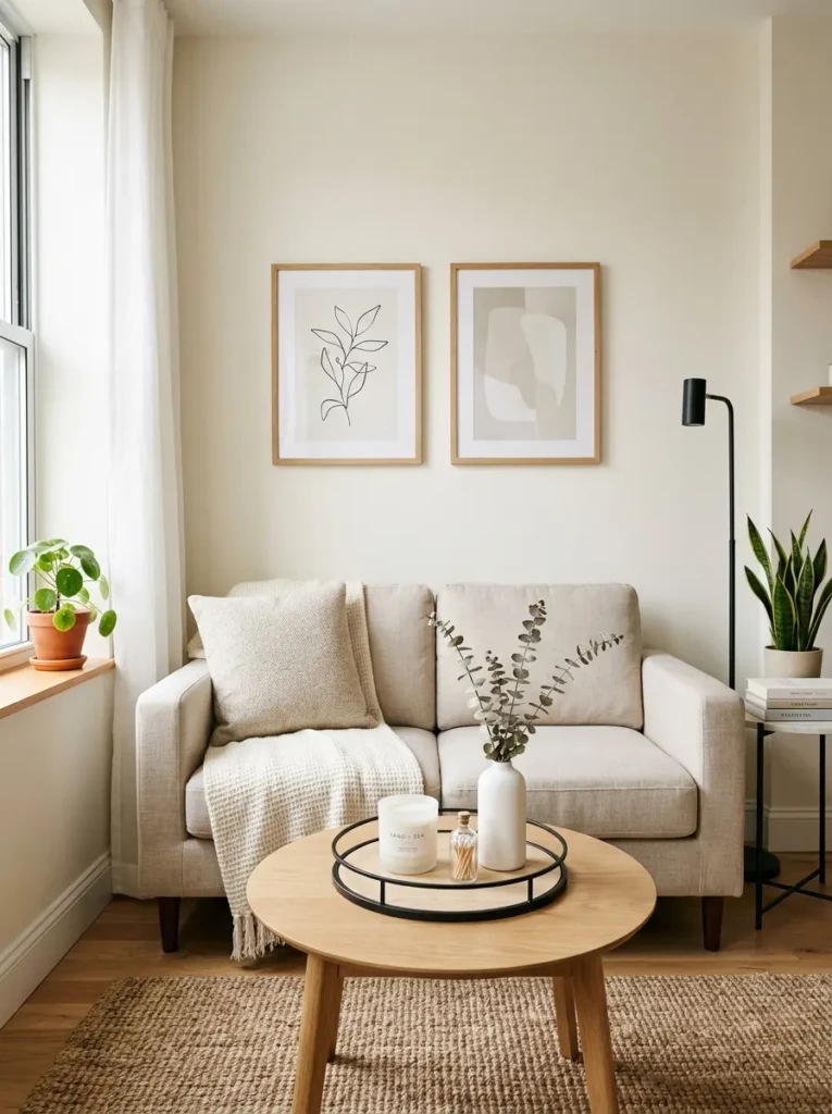 Minimal small living room decor with clutter-free styling, candle tray, framed art, and neutral sofa.