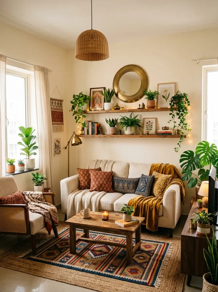 Elegant small living room decor indian style with plants, warm lighting, shelves, and cozy textures.
