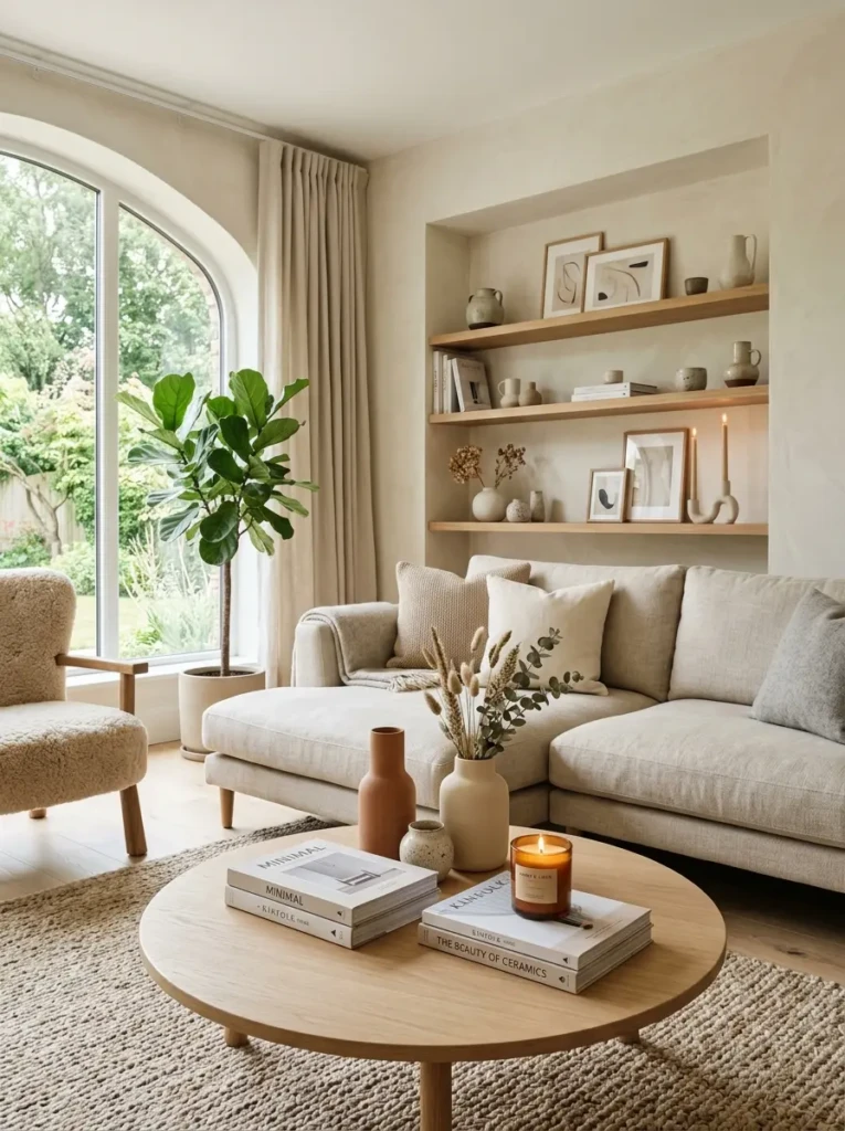 elegant living room with curated decor pieces, candles, books, and clean minimal shelf styling