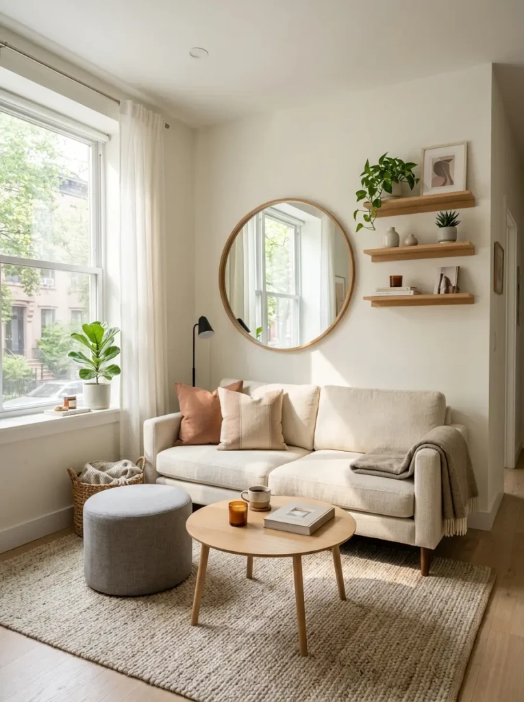 Bright small living room decor with compact sofa, wall shelves, mirror, and multifunctional furniture creating an open feel