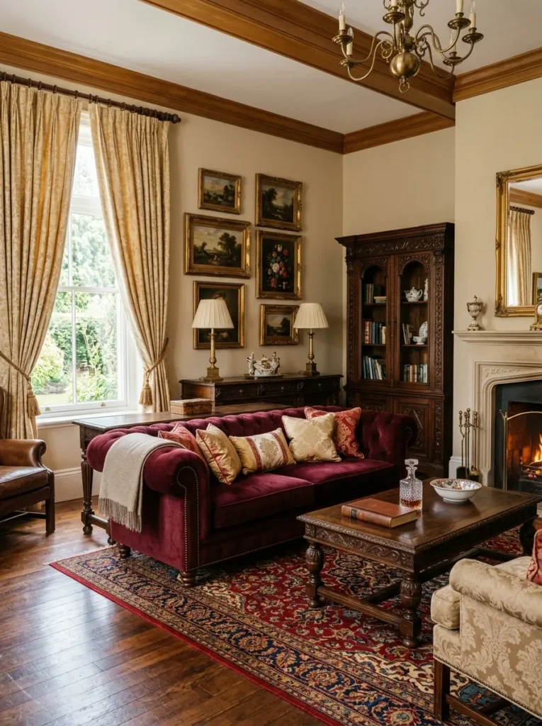 Classic traditional living room with tufted sofa, carved wood furniture, and elegant drapes.