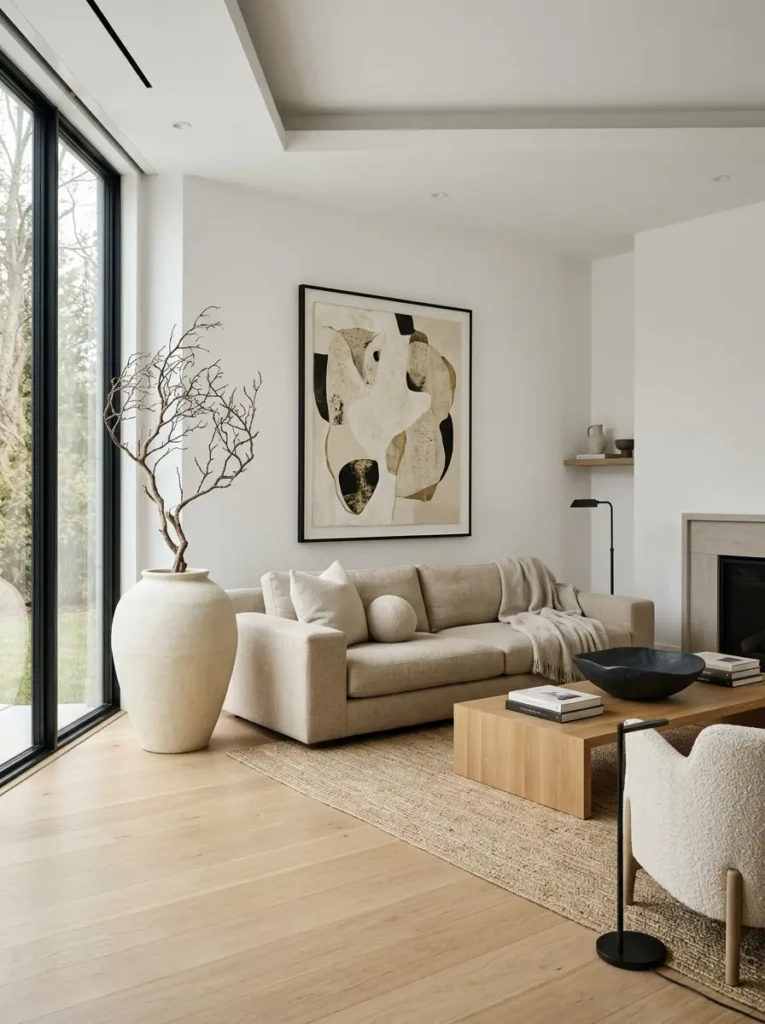 Warm living room with family photos, books, travel decor, and meaningful artwork.