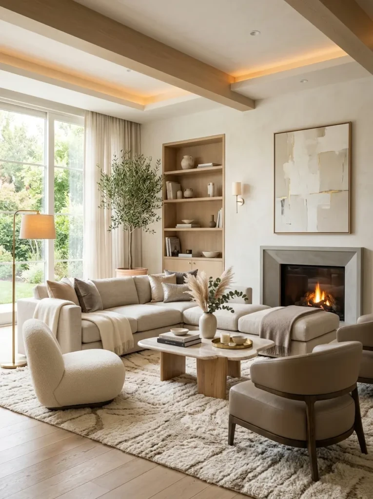 Elegant living room decor featuring minimalist design, soft textures, and warm lighting for a refined yet cozy look