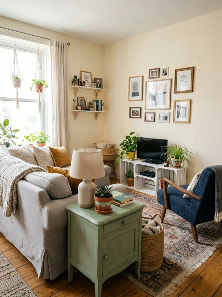 Small living room decor featuring repainted old furniture and budget-friendly DIY makeover ideas.