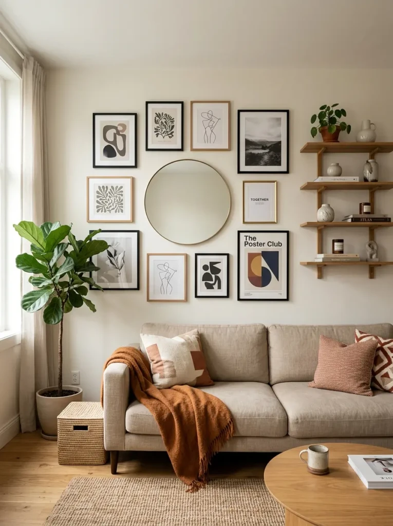 Personalized living room wall decor featuring framed art, mirror, and floating shelves above sofa