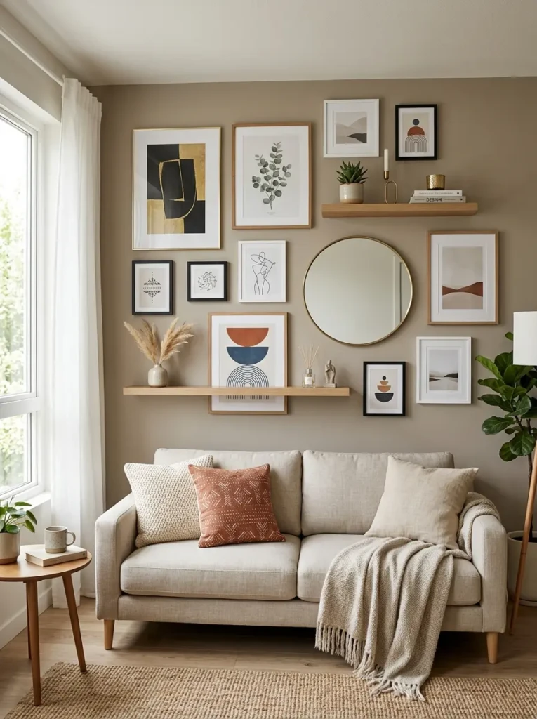 Personalized living room wall decor featuring framed art, mirror, and floating shelves above sofa