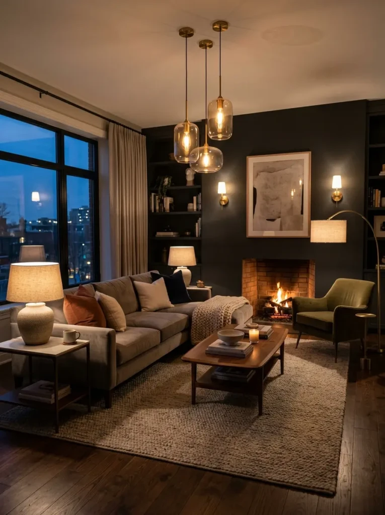 Cozy living room featuring layered lighting with lamps, sconces, and ceiling light creating depth and warmth