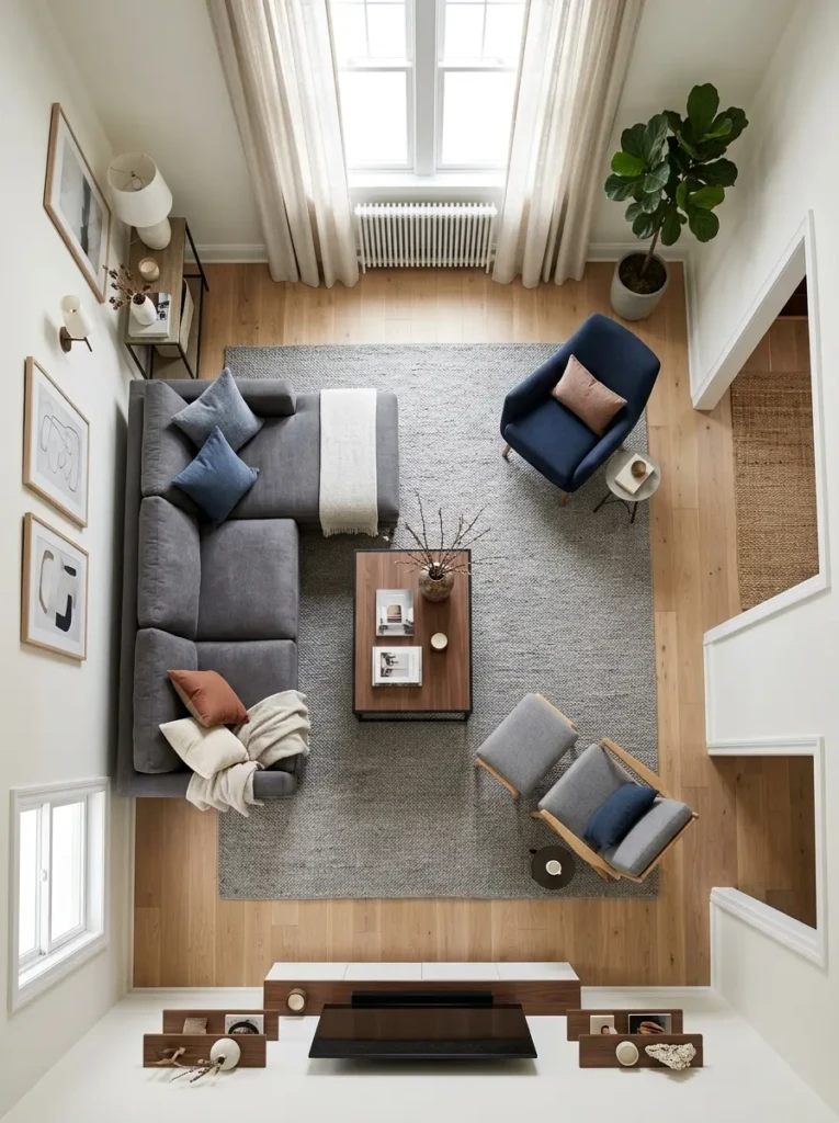 A well-organized living room layout with sofas and chairs arranged for comfort and easy conversation.