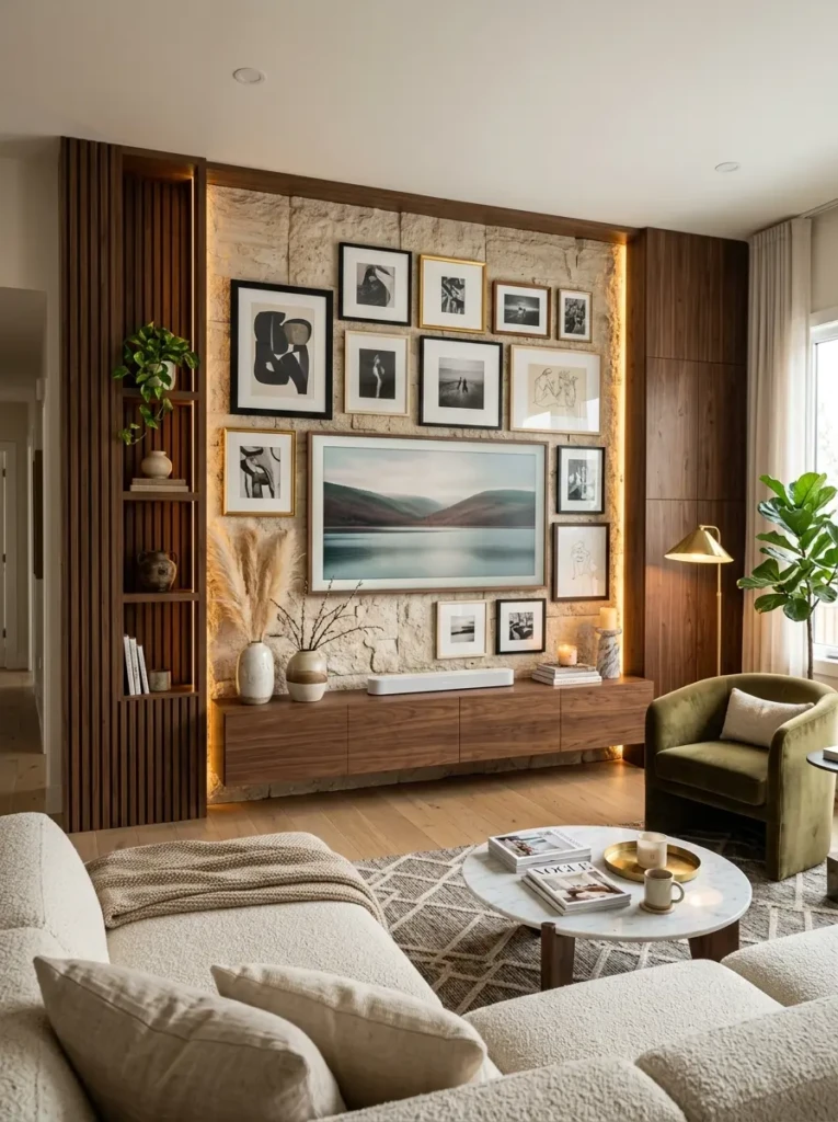 Living room media wall with textured panels and framed art arranged around a television