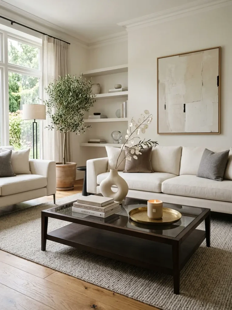 Formal living room styled with decorative tray, candle, books, and sculptural vase.
