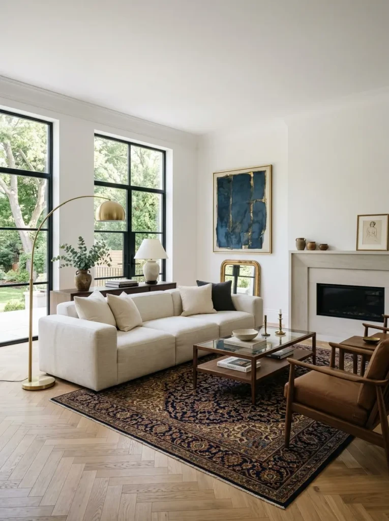 Elegant living room combining modern furniture with classic decor elements for a timeless look
