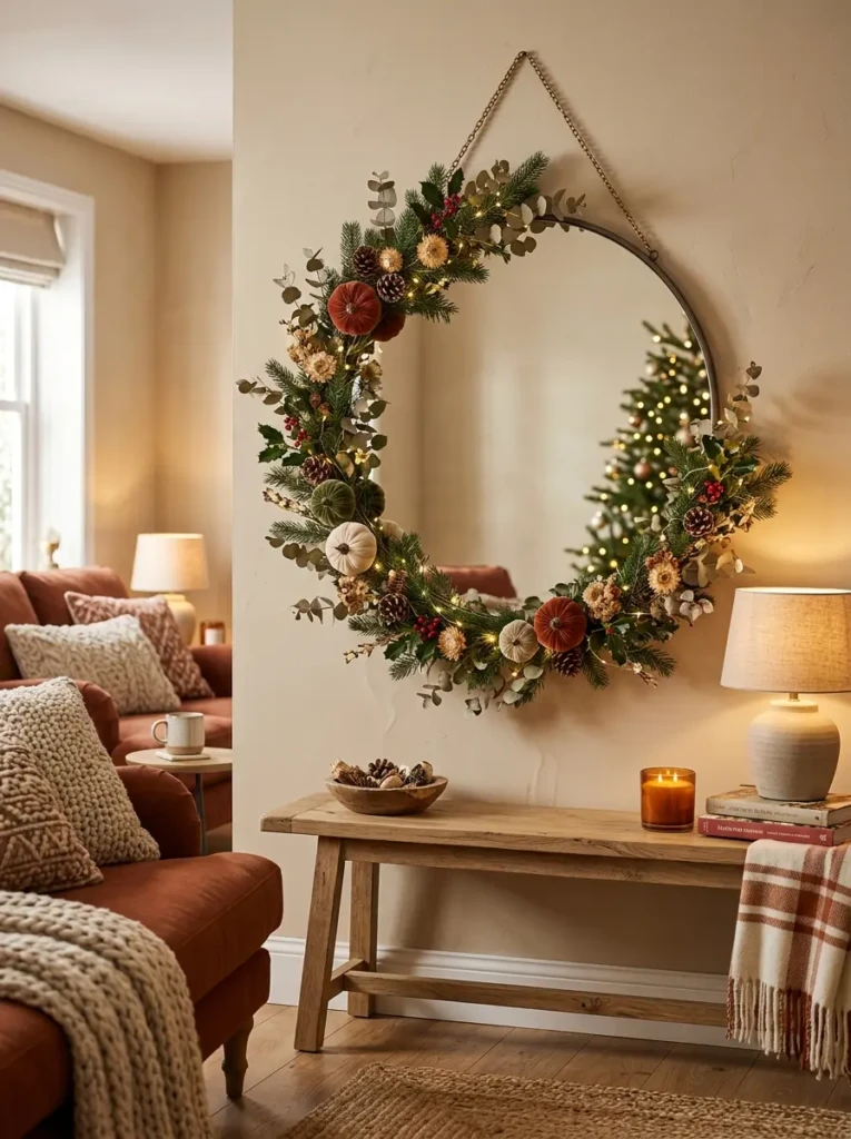 Living room mirror decorated with seasonal accents and warm cozy styling