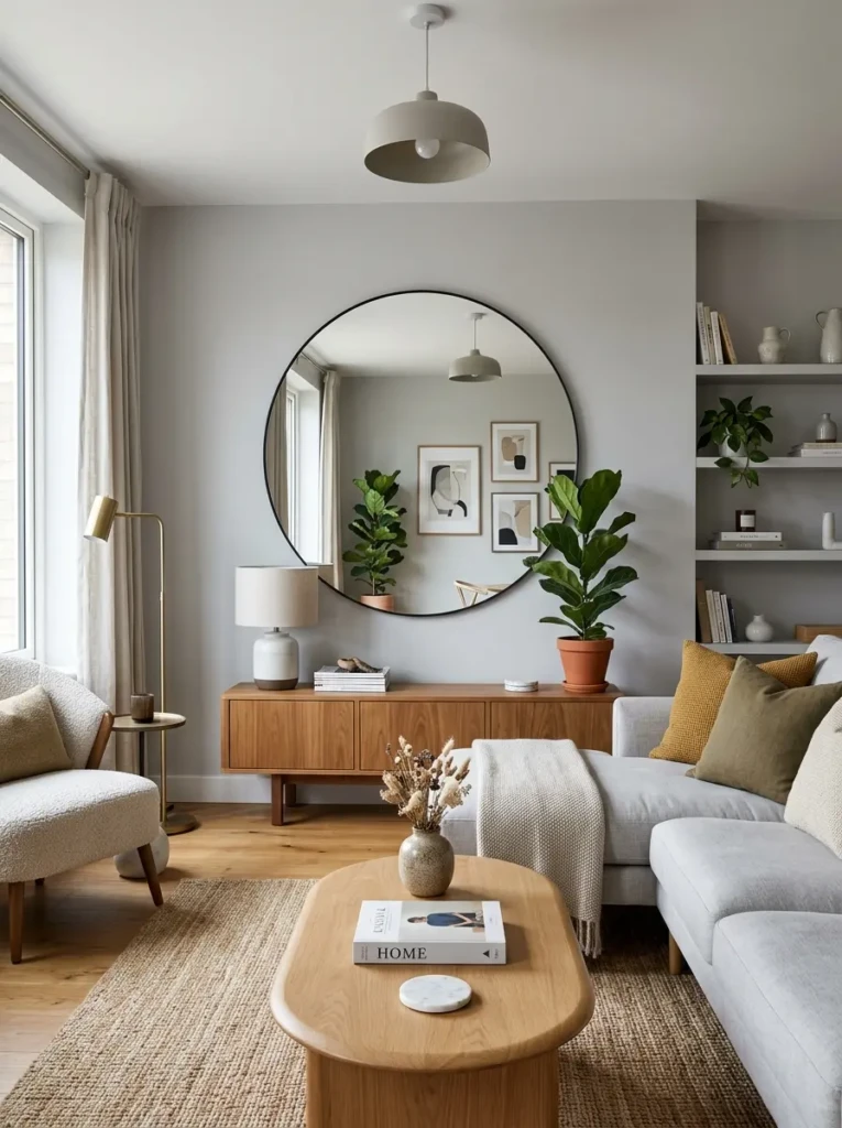 Well-designed living room showing correct mirror placement with clean and balanced decor