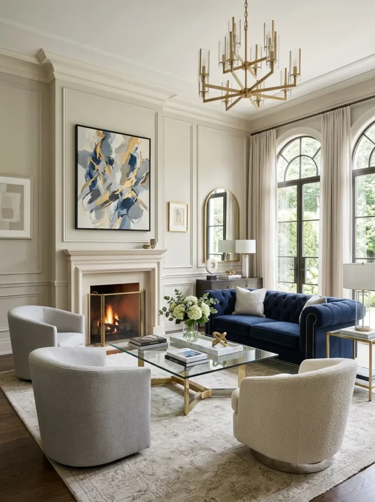 Elegant formal living room with crown molding, panel walls, and chandelier.